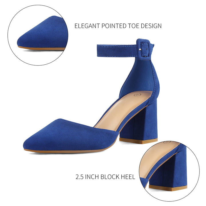 2.5" Pointed Toe Closed Toe Ankle Strap Low Chunky Heels Blue