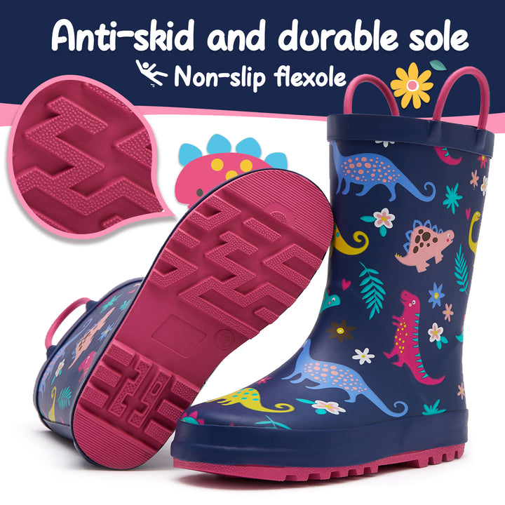 Multicolor Dinosaur Waterproof Navy Rubber Rain Boots - MYSOFT