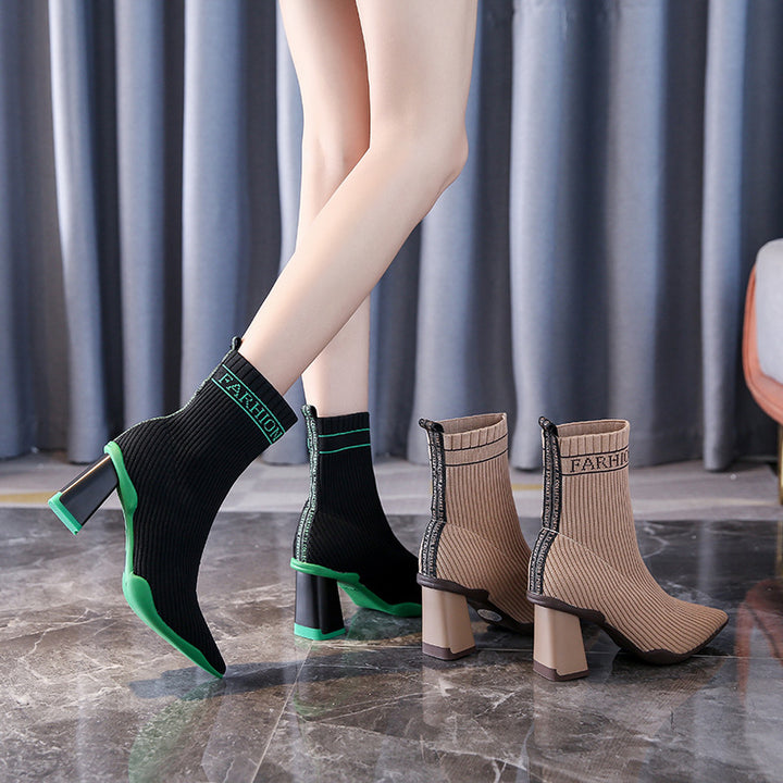 Mysoft Letter Thick Heel Pointed Toe Knitted Boots