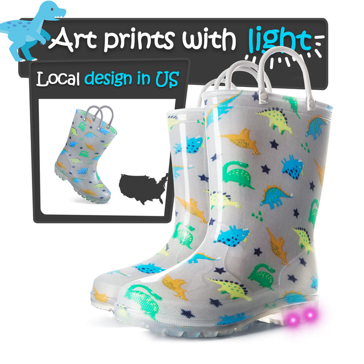 Colorful Dinosaur Print Gray Lighted Rain Boots - MYSOFT