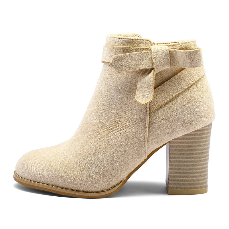 Suede Bow Tie Stacked Heel Ankle Boots