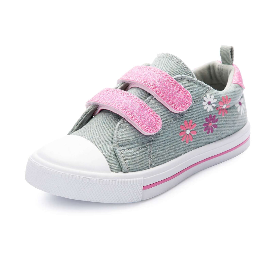 Floral Pattern Pink Velcro Strap Gray Sneakers - MYSOFT