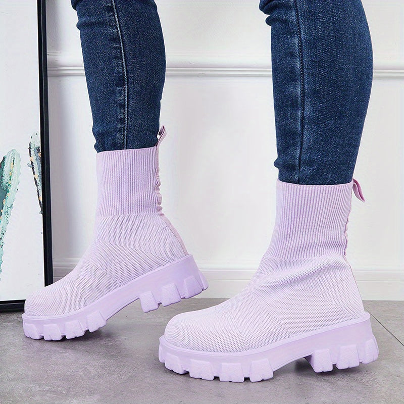 Mysoft Solid Color Knitted Lug Sole Short Stretch Sock Boots