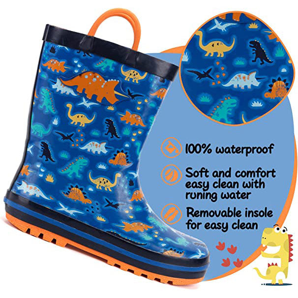 Colorful Dinosaur Waterproof Blue Rain Boots - MYSOFT