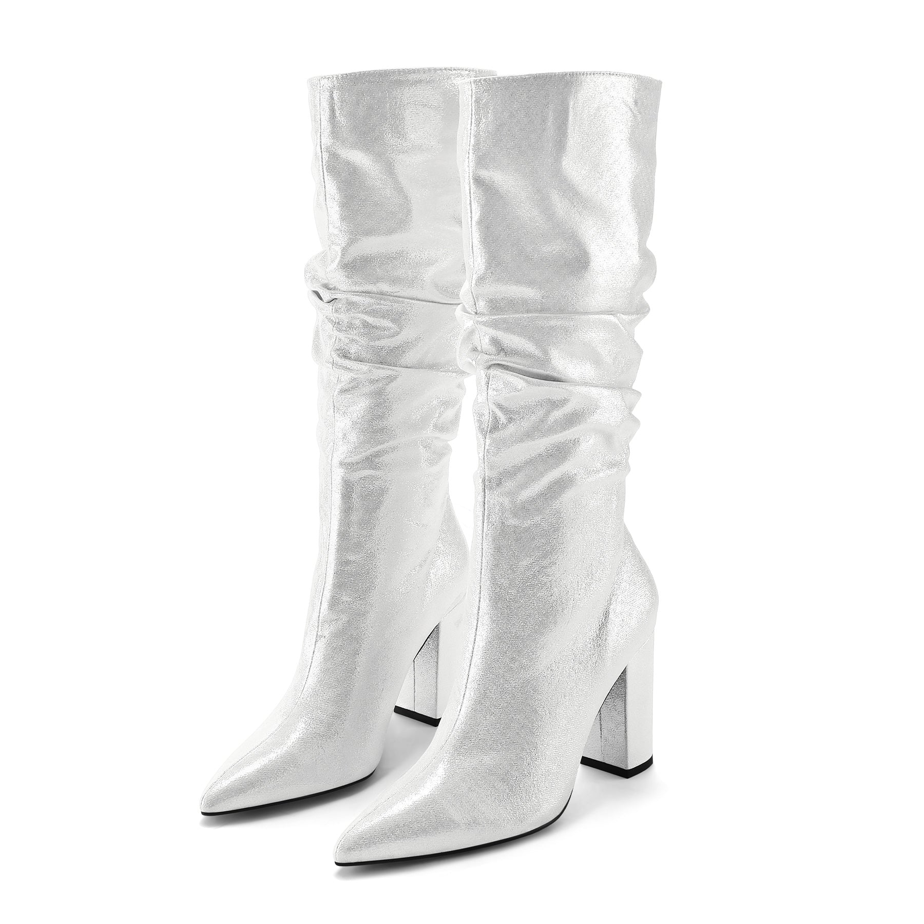 Mysoft Shining Silver Pointed Toe Chunky Heel Slouch Boots