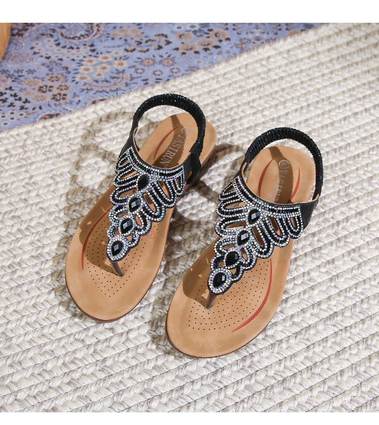 Mysoft Rhinestone Embellished Flip Flop Thong Sandals Black