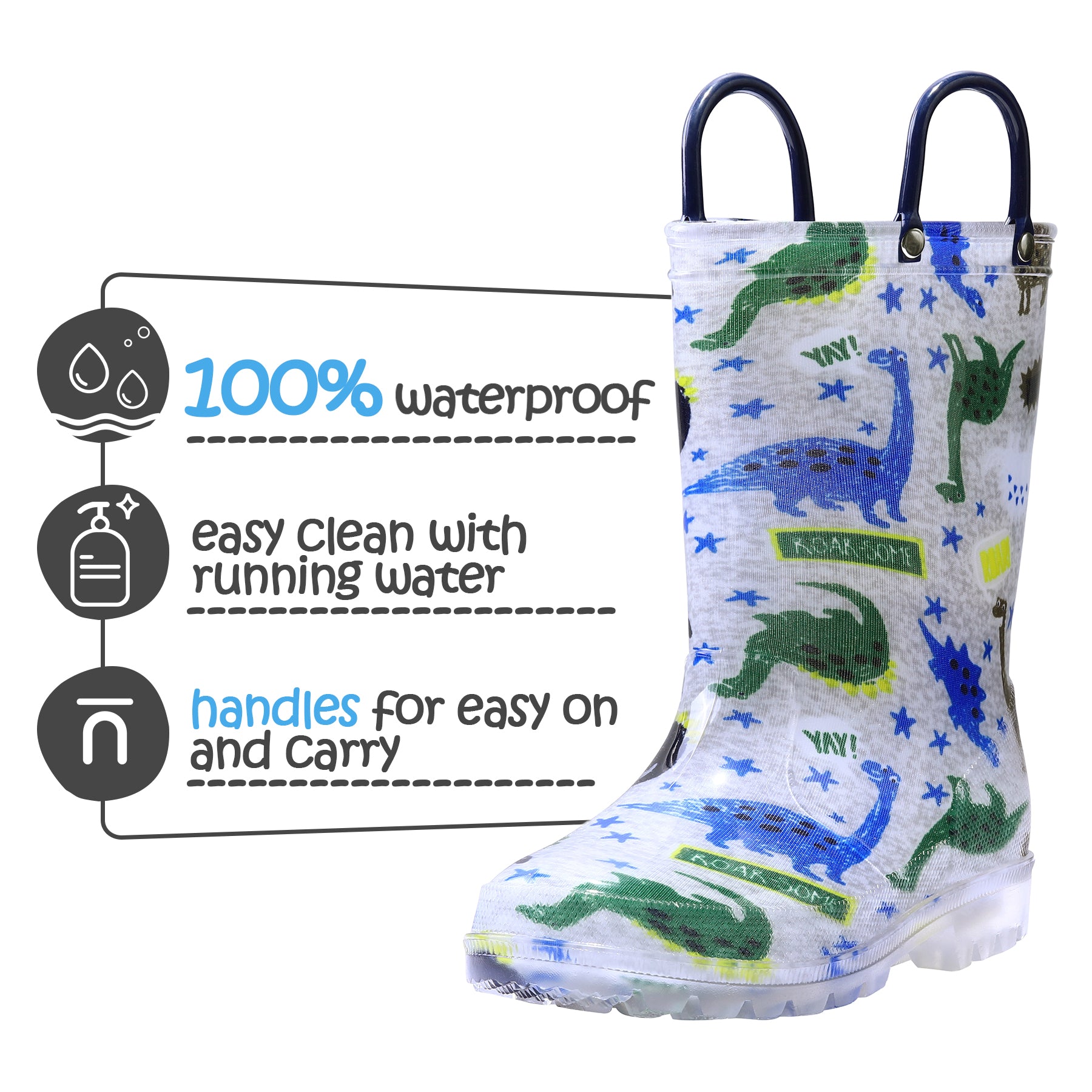 Dinosaur World Handle Lighted Gray Rain Boots - MYSOFT