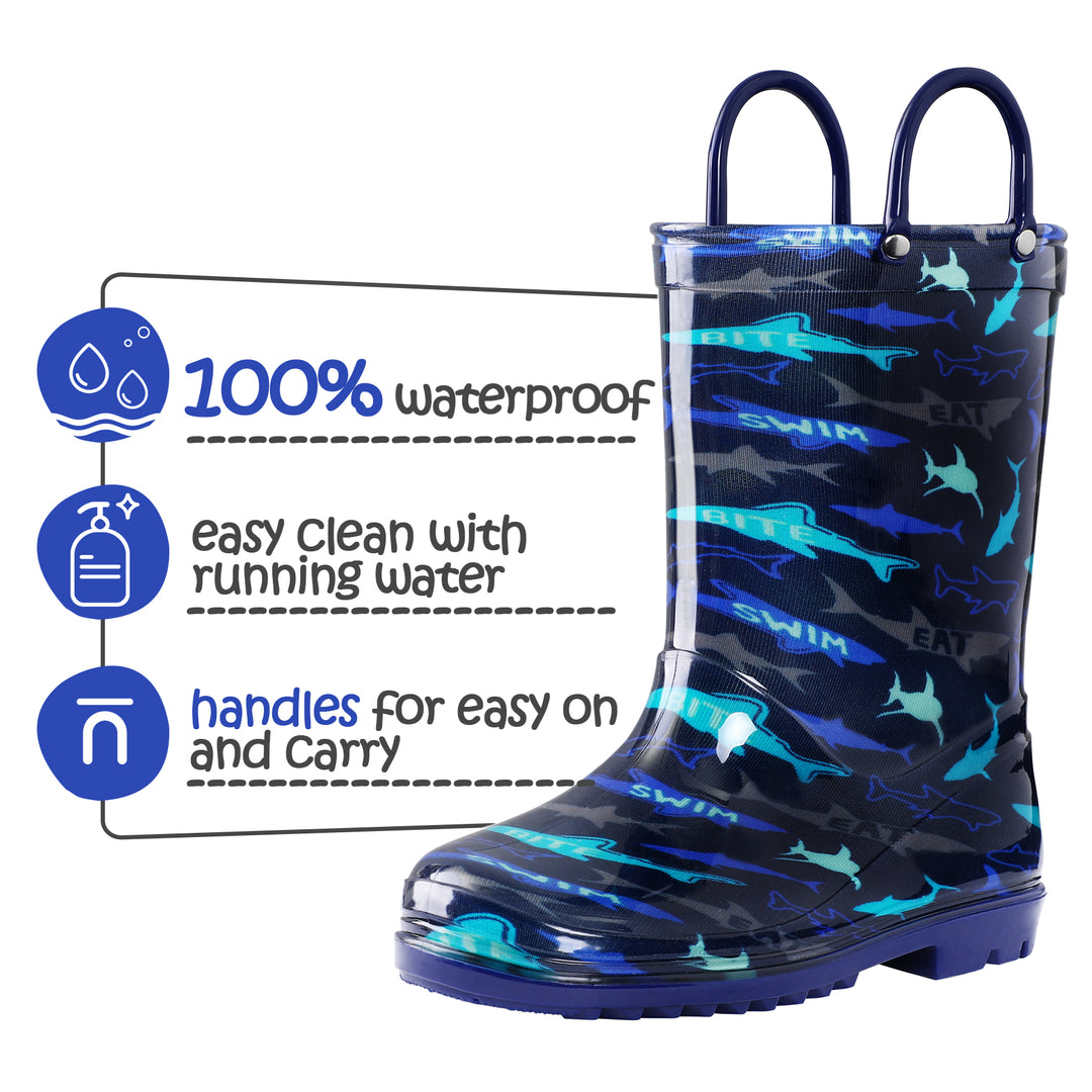 PVC Shark Print Navy Rubber Rain Boots - MYSOFT