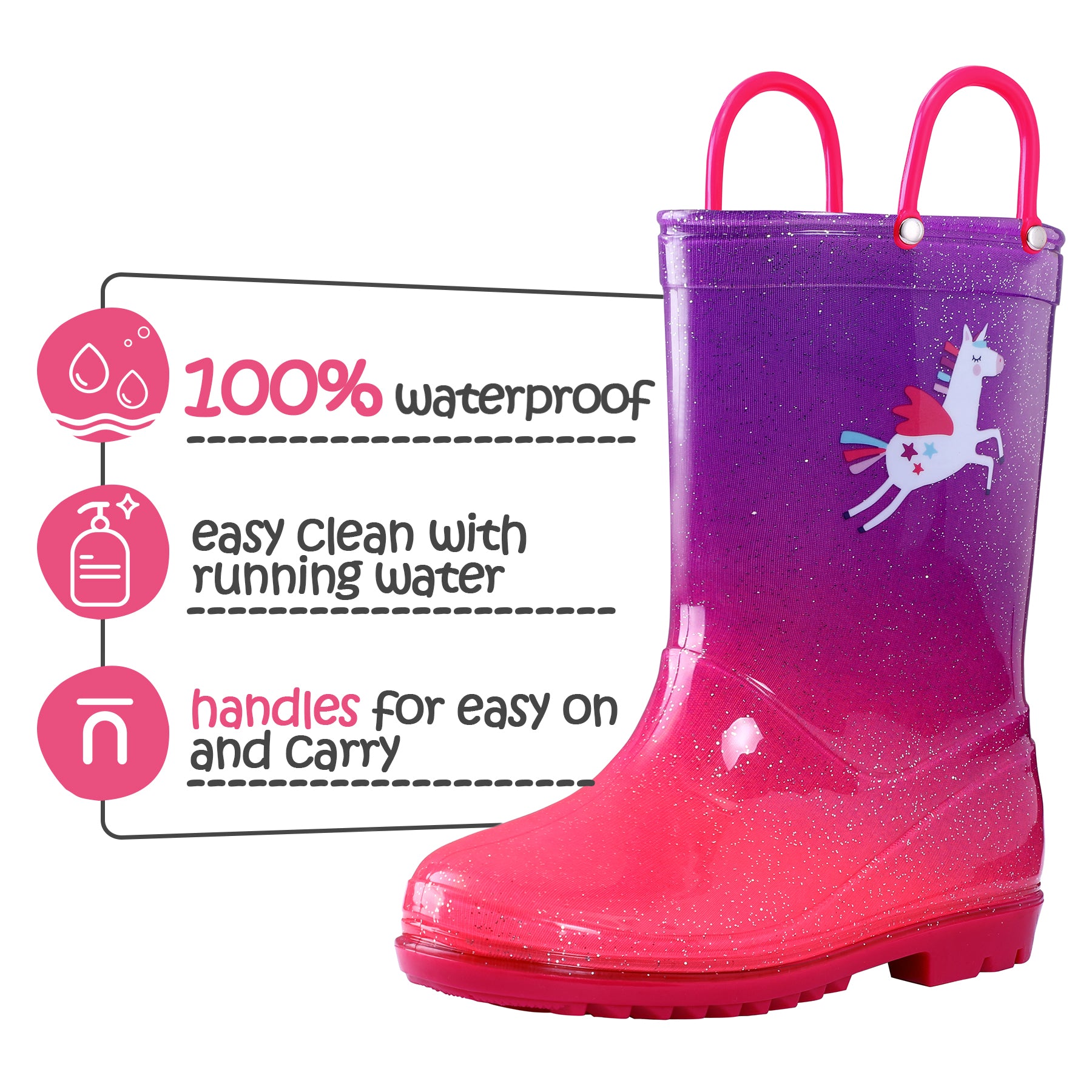 Unicorn Glitter Magenta Gradient Rubber Rain Boots - MYSOFT