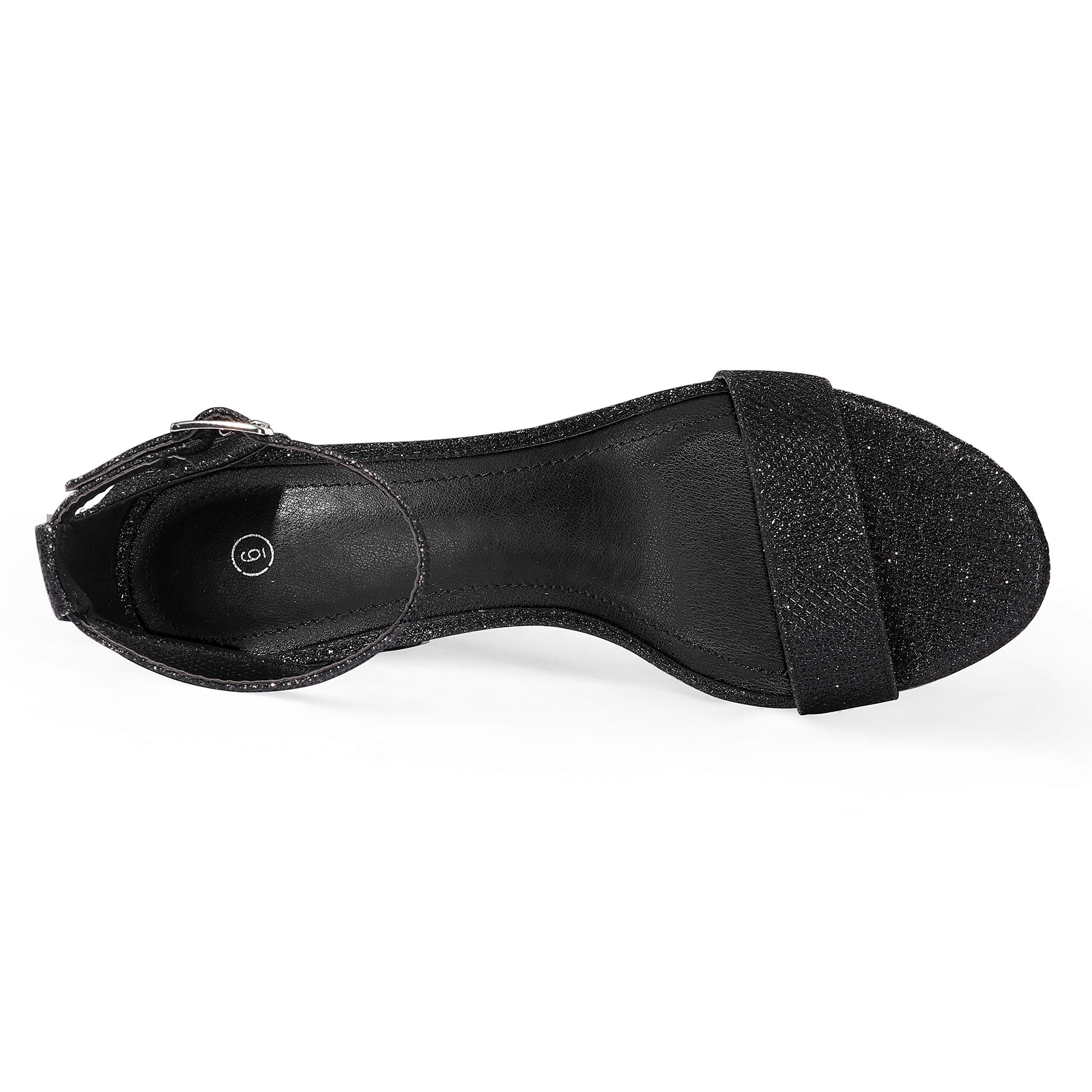 Black Glitter Open Toe Ankle Strap Block Heel Sandals - MYSOFT
