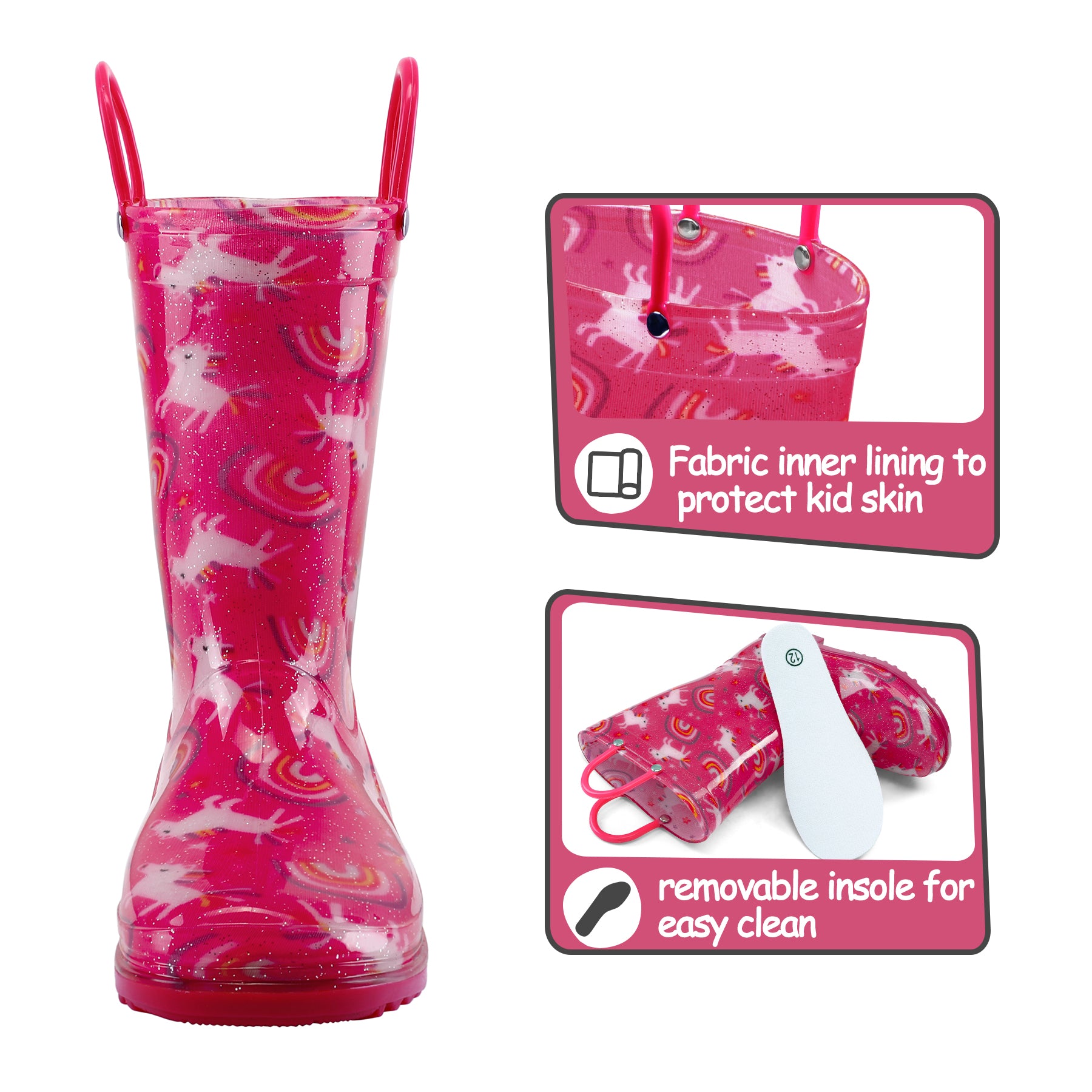 Rainbow Unicorn Red Rain Boots with Handles - MYSOFT