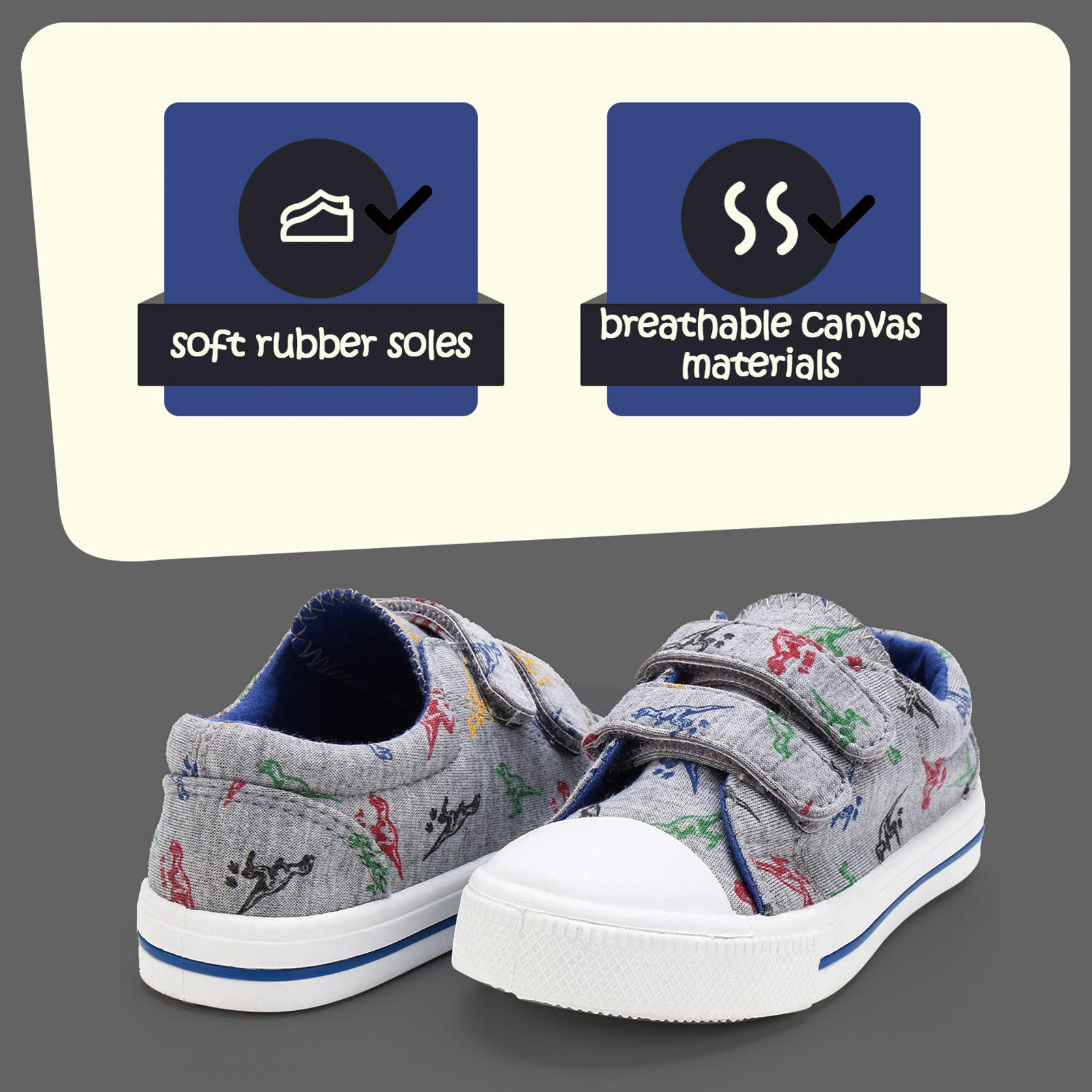Cartoon Dinosaur Double Velcro Gray Canvas Sneakers - MYSOFT