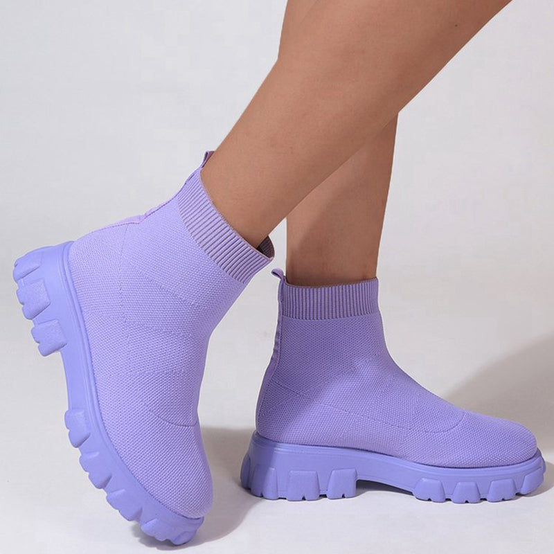 Mysoft Solid Color Round Toe Slip-on Platform Knitted Ankle Boots