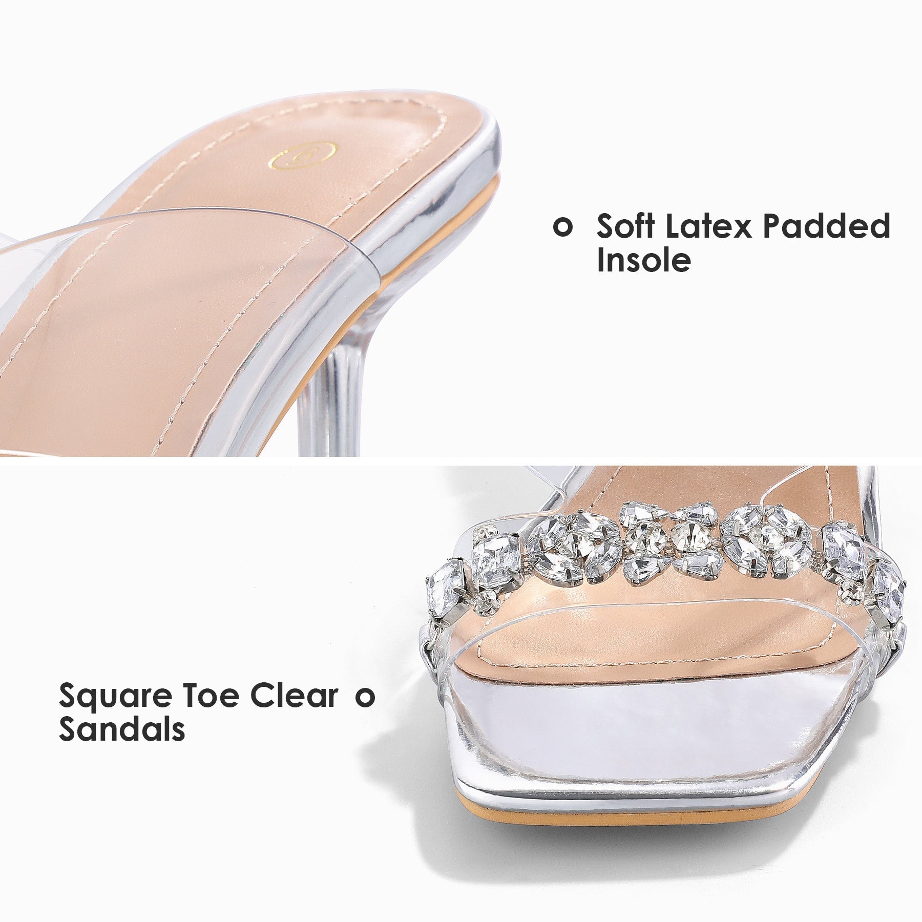 Transparent Silver Square Toe Rhinestone Heeled Sandals - MYSOFT
