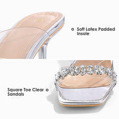 Transparent Silver Square Toe Rhinestone Heeled Sandals - MYSOFT