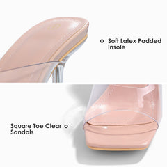 Transparent Square Toe Crystal Heel Sandals - MYSOFT