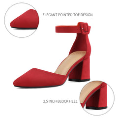 2.5" Pointed Toe Closed Toe Ankle Strap Low Chunky Heels Red