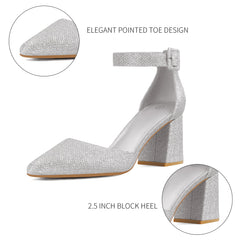 2.5" Pointed Toe Ankle Strap Low Chunky Heels Silver