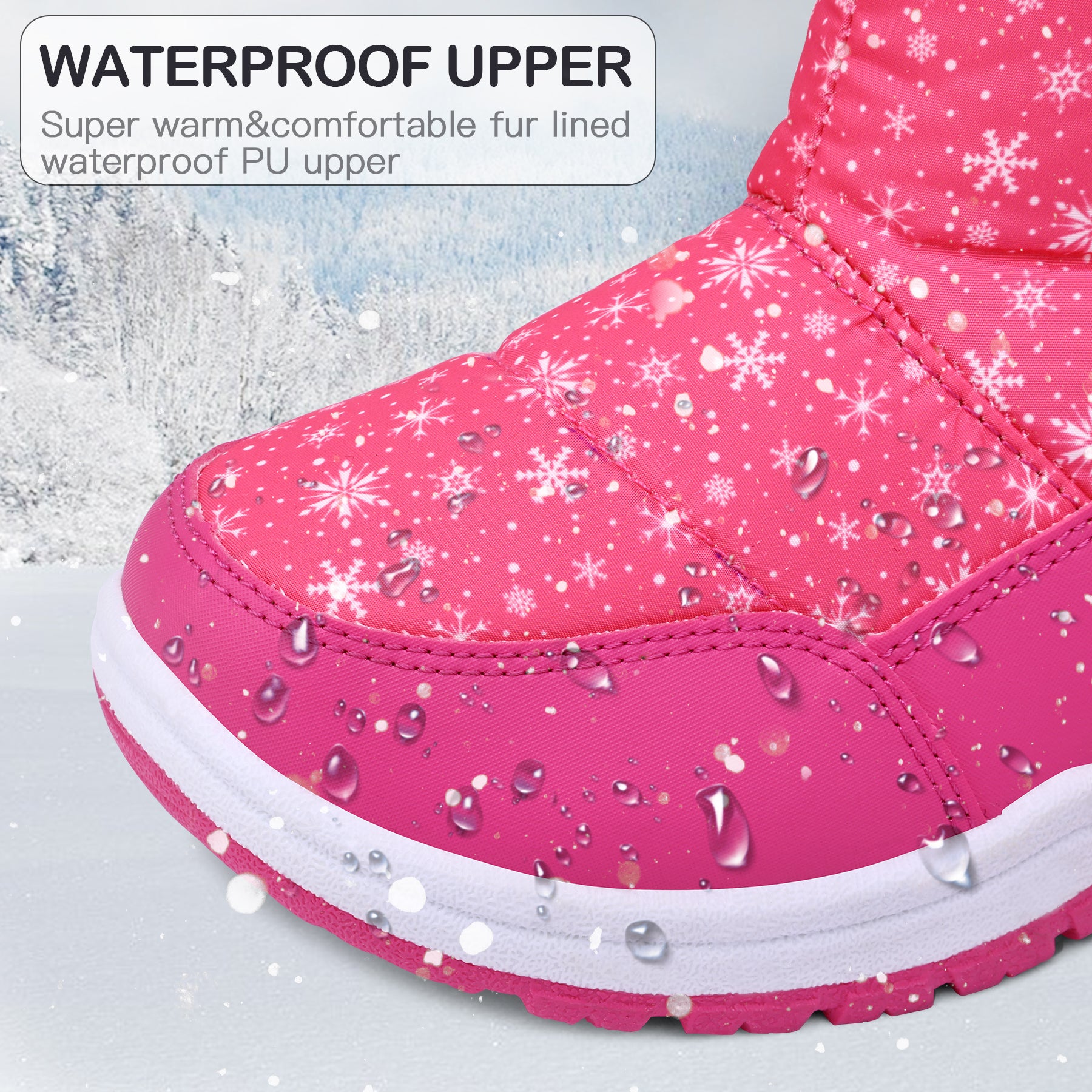 Pink Snowflake Fur Lined Waterproof Snow Boots - MYSOFT