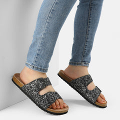 Glittery Cork Footbed Adjustable Buckle Sandals - MYSOFT