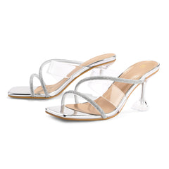 Transparent Square Toe Rhinestone Stiletto Sandals - MYSOFT
