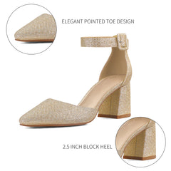 2.5" Pointed Toe Ankle Strap Low Chunky Heels Gold