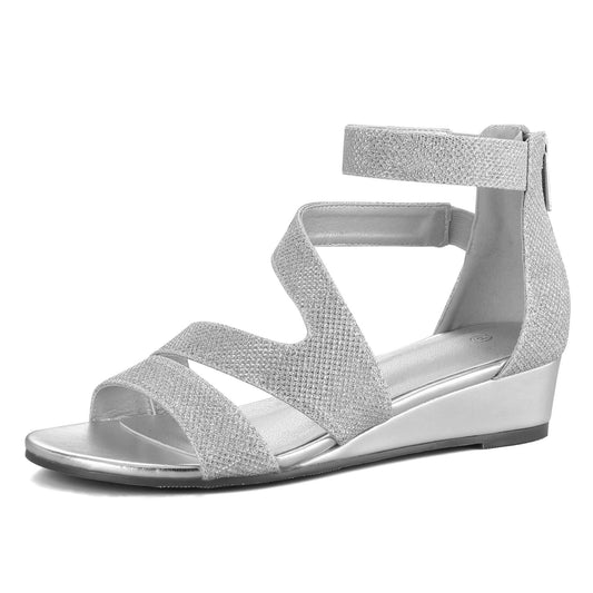 Glitter Low Wedge Zip Summer Dress Sandals - MYSOFT