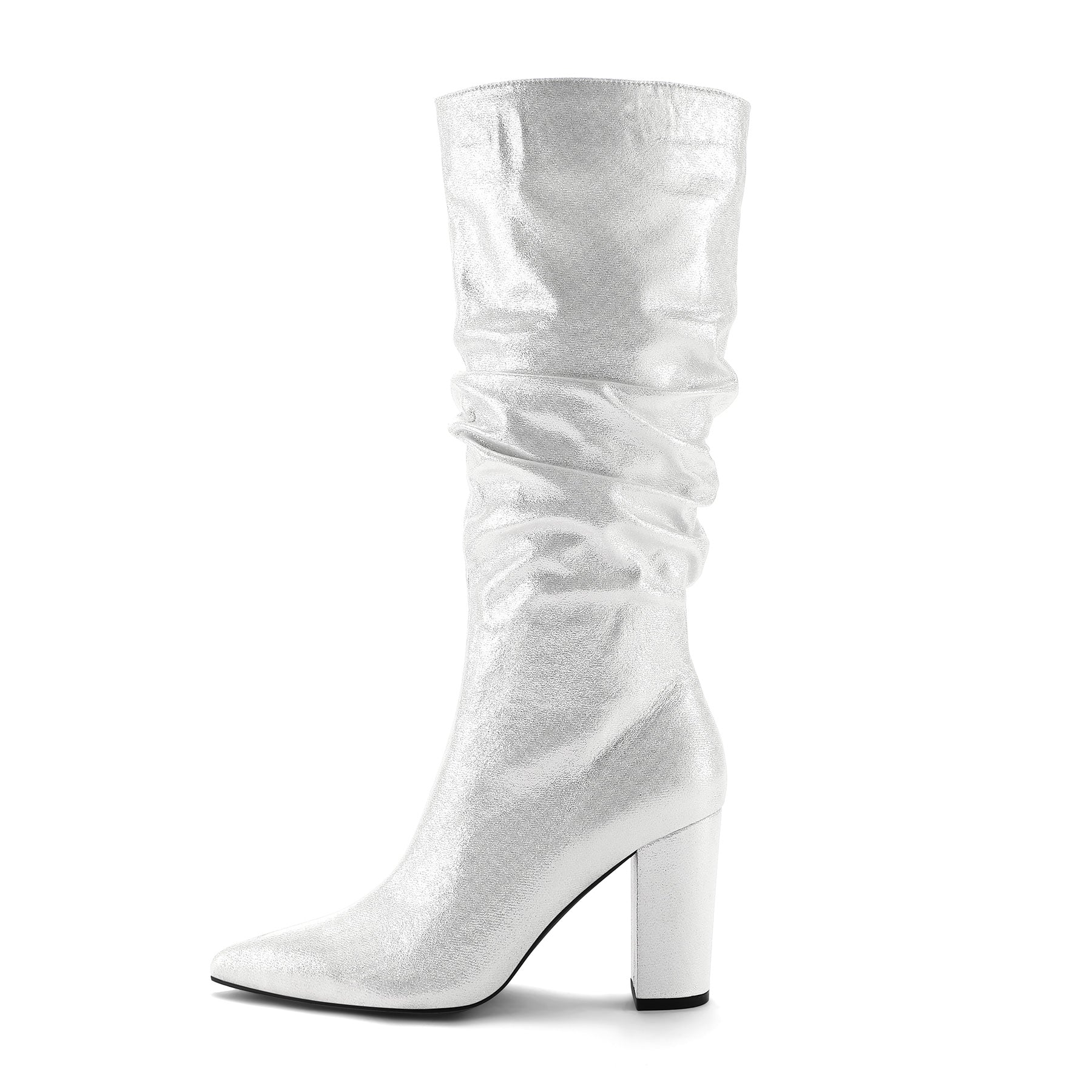 Mysoft Shining Silver Pointed Toe Chunky Heel Slouch Boots