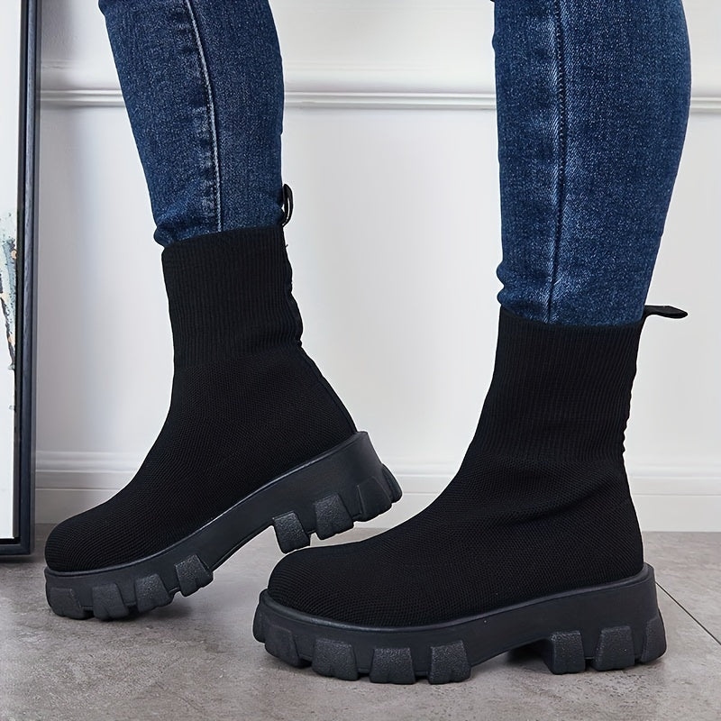 Mysoft Solid Color Knitted Lug Sole Short Stretch Sock Boots