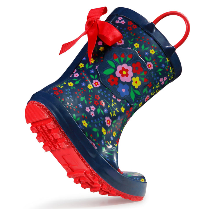 Floral Print 3D Bow Navy Rubber Rain Boots - MYSOFT