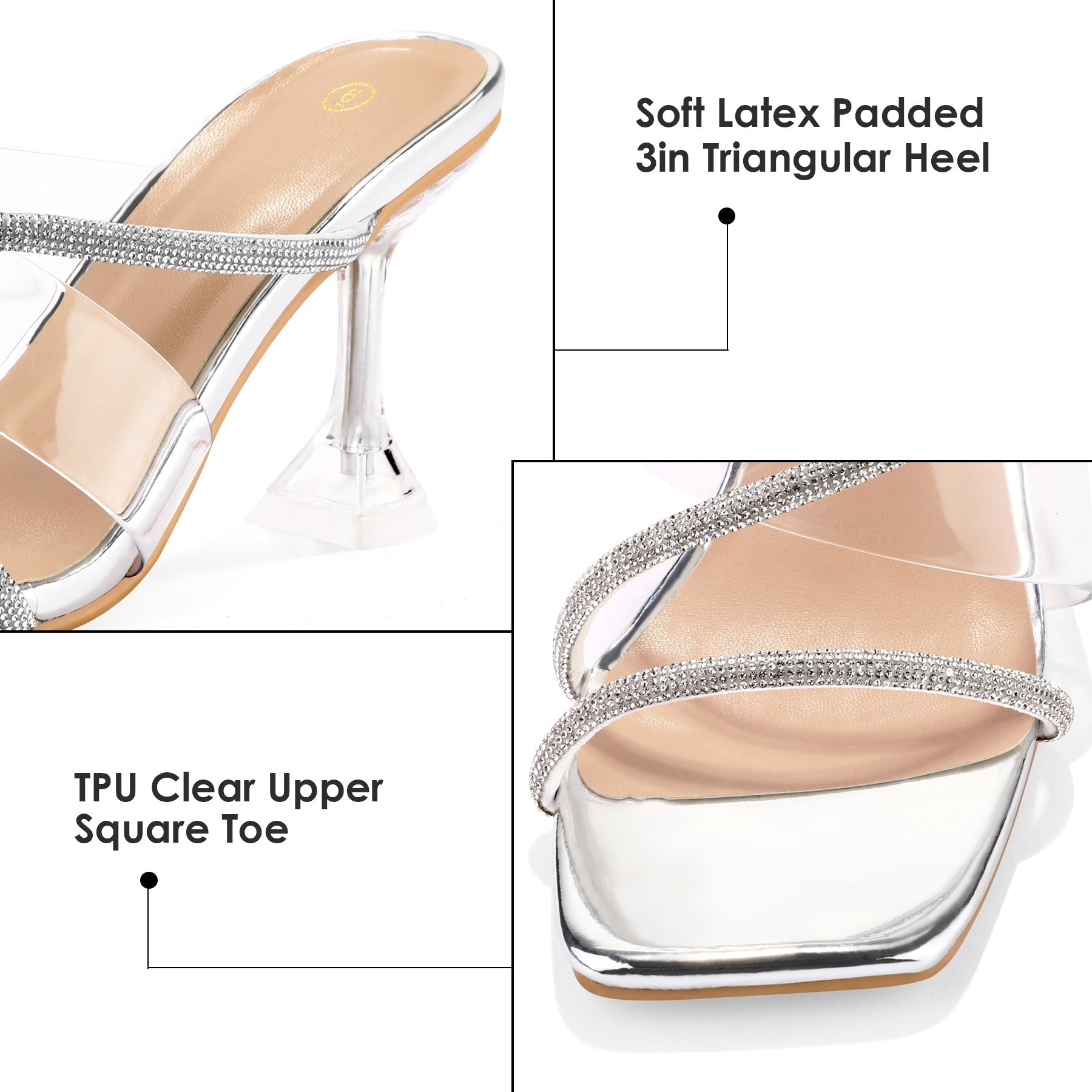 Transparent Square Toe Rhinestone Stiletto Sandals - MYSOFT