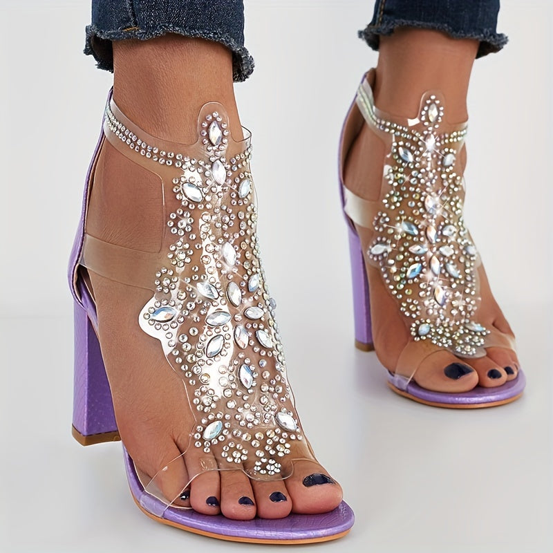 Mysoft Rhinestone Transparent Vamp T-strap Chunky Heel Sandals