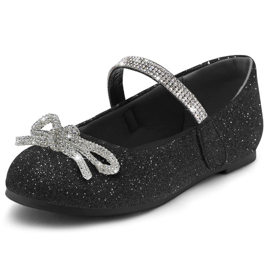 Kids Dress Shoes-Black Glitter Mary Janes with Diamond Bow