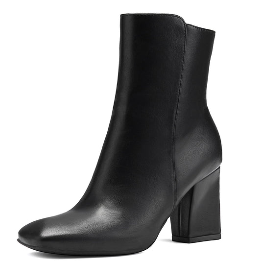 Matte Leather Chunky Heel Square Toe Booties