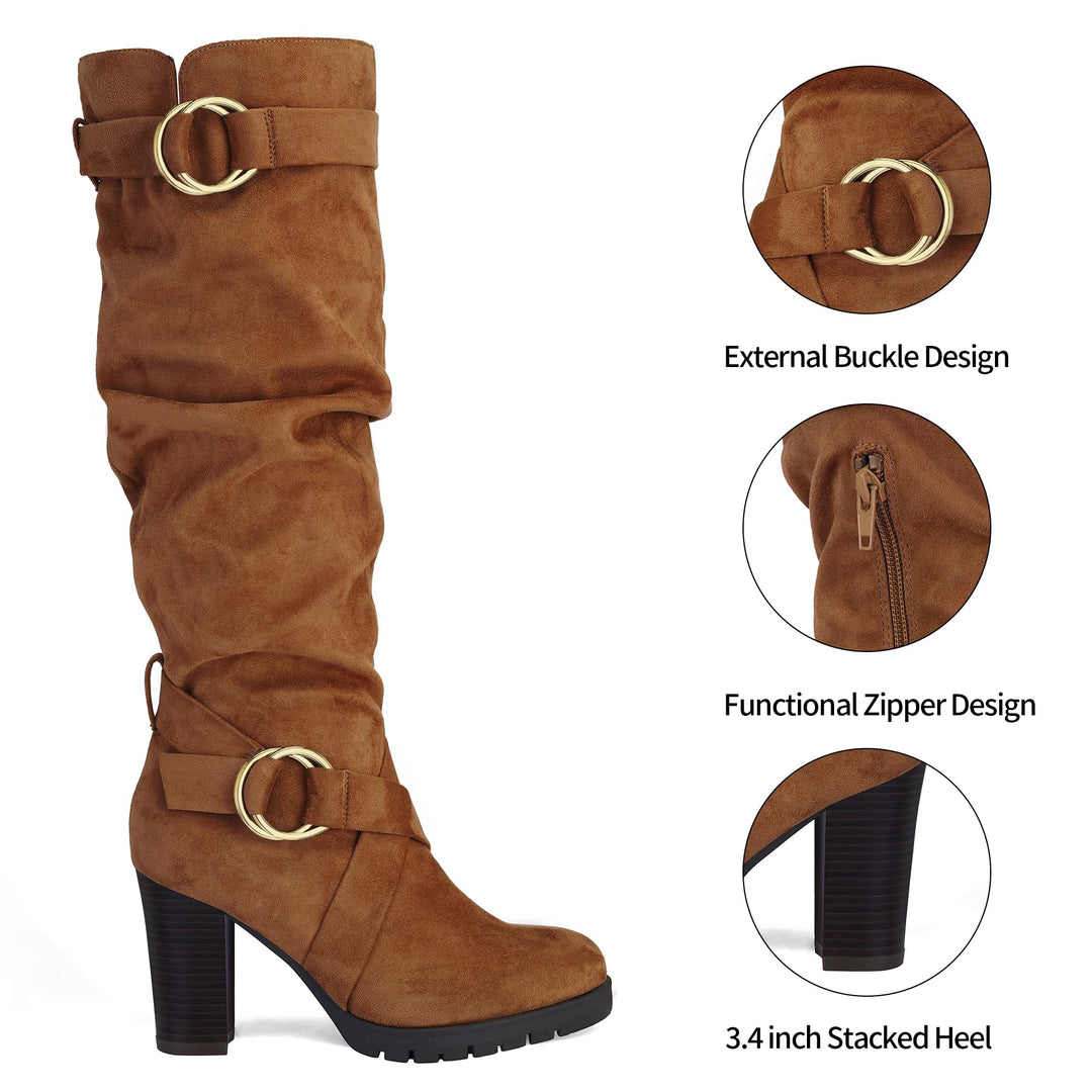Round Buckle Stacked Knee High Boots with Side Zippers