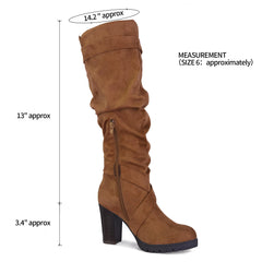 Round Buckle Stacked Knee High Boots with Side Zippers