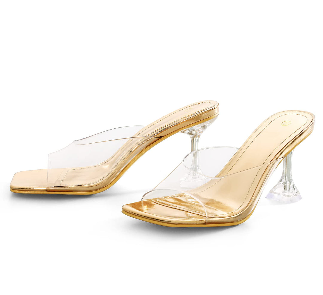 Transparent Square Toe Crystal Heel Sandals