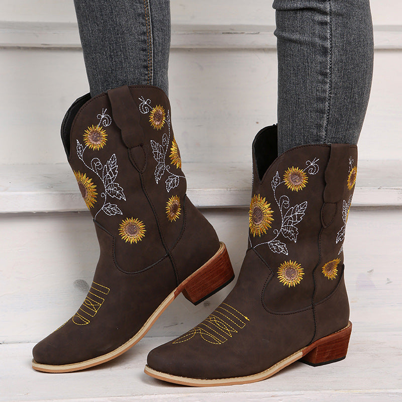 Mysoft Embroidered Sunflower Knight Cowboy Boots Coffee