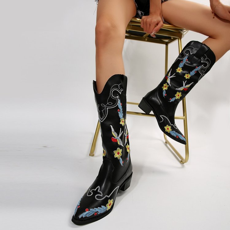 Mysoft Eembroidered Folk Custom Mid Calf Cowboy Boots