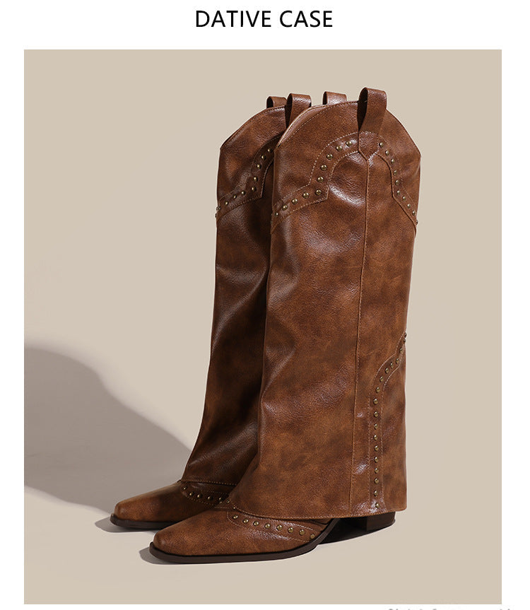 Mysoft Rivet Fold Over Cowboy Boots Brown