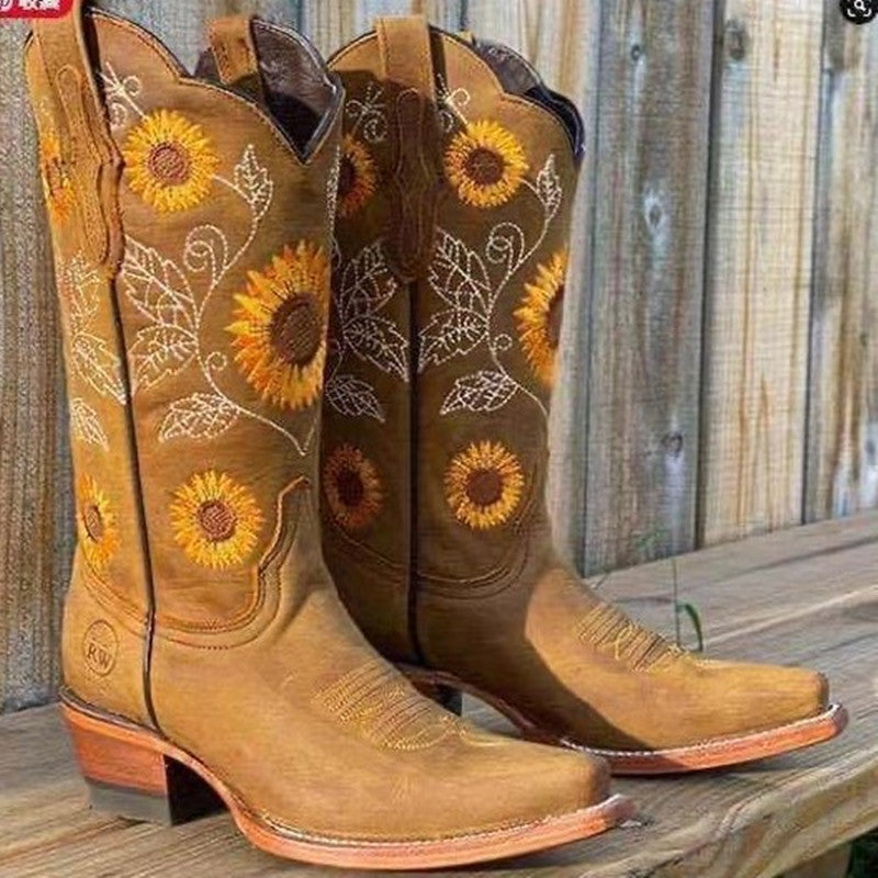 Mysoft Embroidered Sunflower Knight Cowboy Boots
