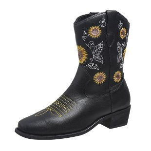 Mysoft Mid Calf Sunflower Cowboy Boots Black