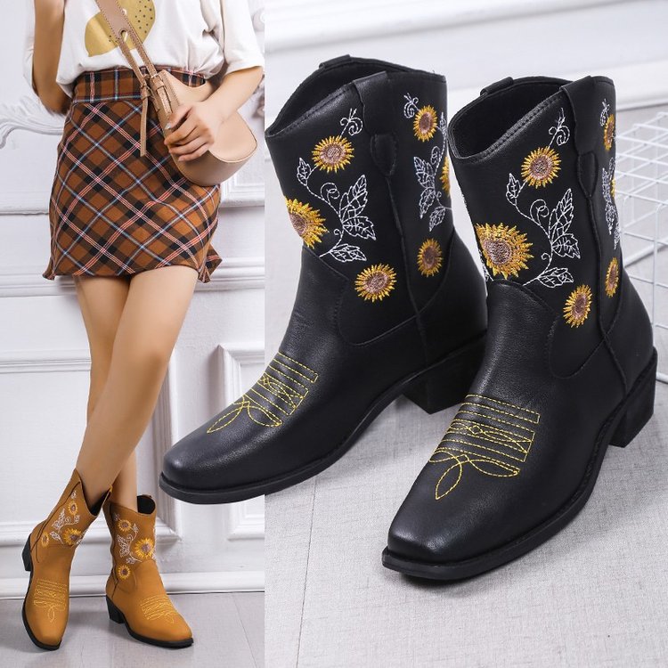 Mysoft Mid Calf Sunflower Cowboy Boots Black