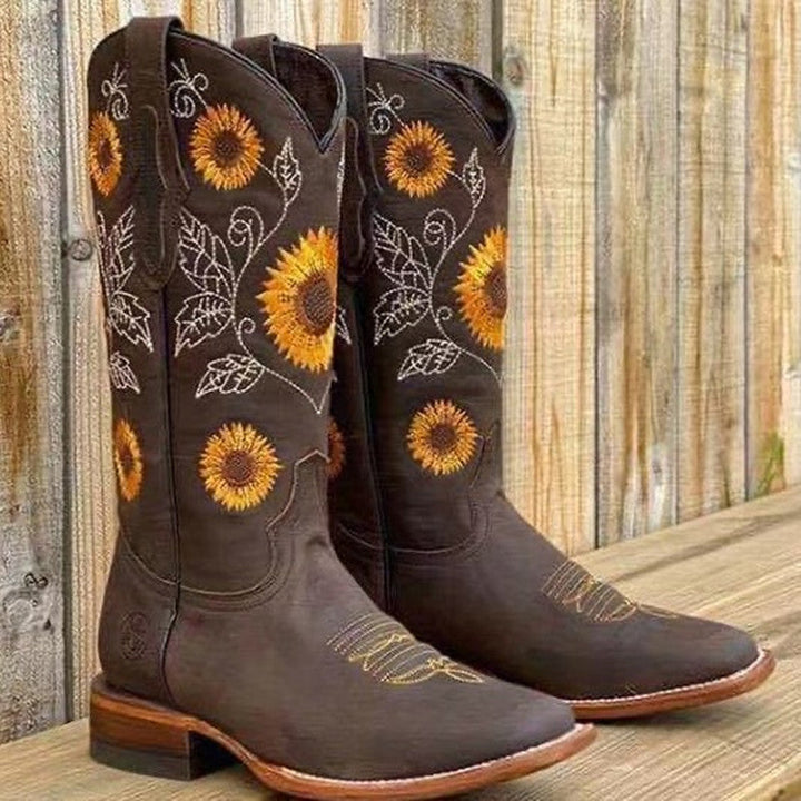 Mysoft Embroidered Sunflower Knight Cowboy Boots Coffee