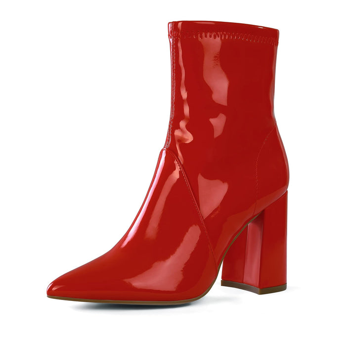 Patent Leather Pointed Toe Block Heel Boots