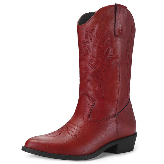 Embroidered Mid-Calf Western Red Boots