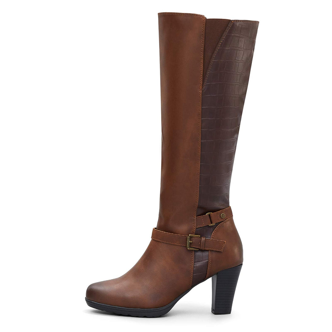 Elasticated Leather Knee-High Boots