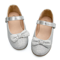 Kids Dress Shoes-Silver/Purple Sequined Mary Jane with Bow Tie