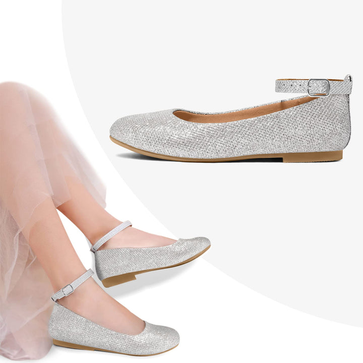 Kids Dress Shoes-Silver Glitter Ankle Strap Ballet Flats