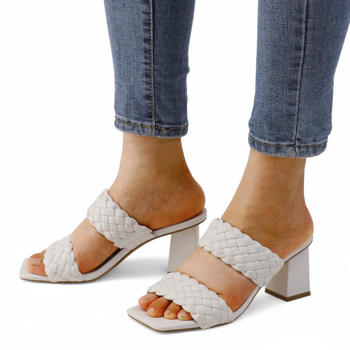 Two Webbing Strap Square Toe Block Heel Sandals
